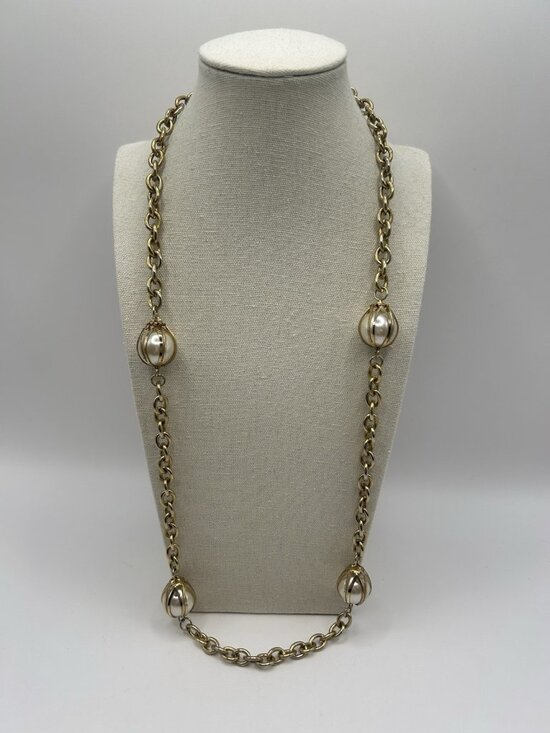 Unbranded Jewelry - Vintage Gold Tone Chain Faux Pearl Bead Station Necklace Long 30” Cottagecore